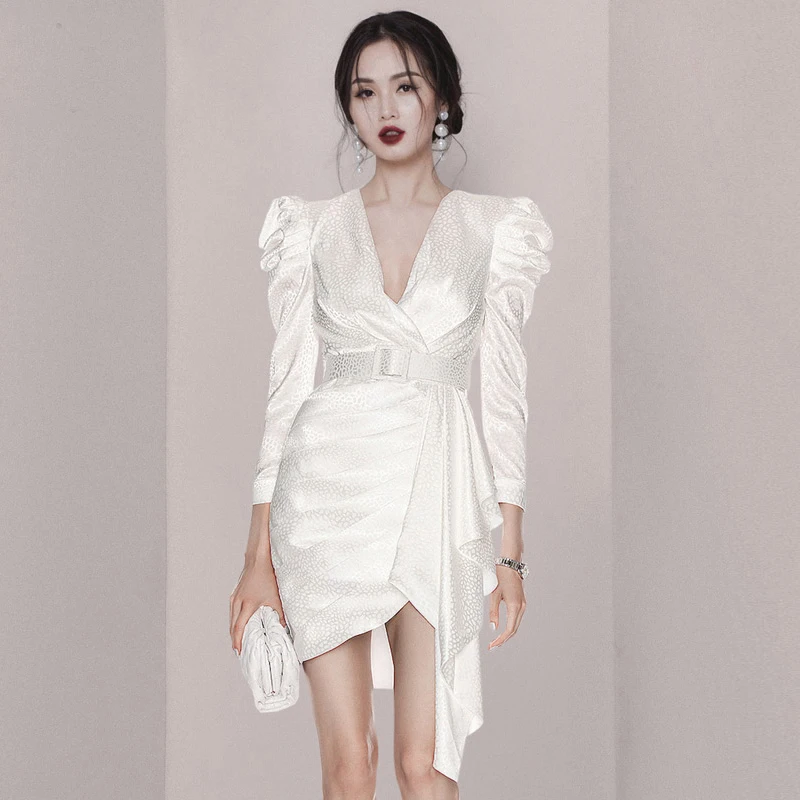

Elegant V-Neck Puff Sleeve Irregular Dresses For Women 2021 Spring Office OL High Waist Bodycon Party Vestidos Femme