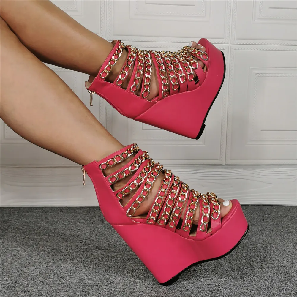 

Fahion Gold Chain Wedge Sandals Peep Toe Pink Leather High Platform Summer Shoes Cut-out Hollow Back Zipper Wedge Shoes