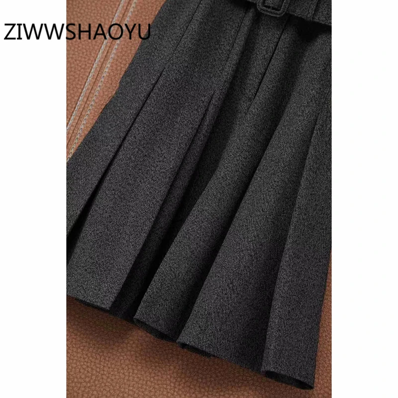 

ZIWWSHAOYU Summer Women Fashion Office Mini Dresses Runway Designer Women Belt Pockets Short Sleeve Gray Dress Vestidos