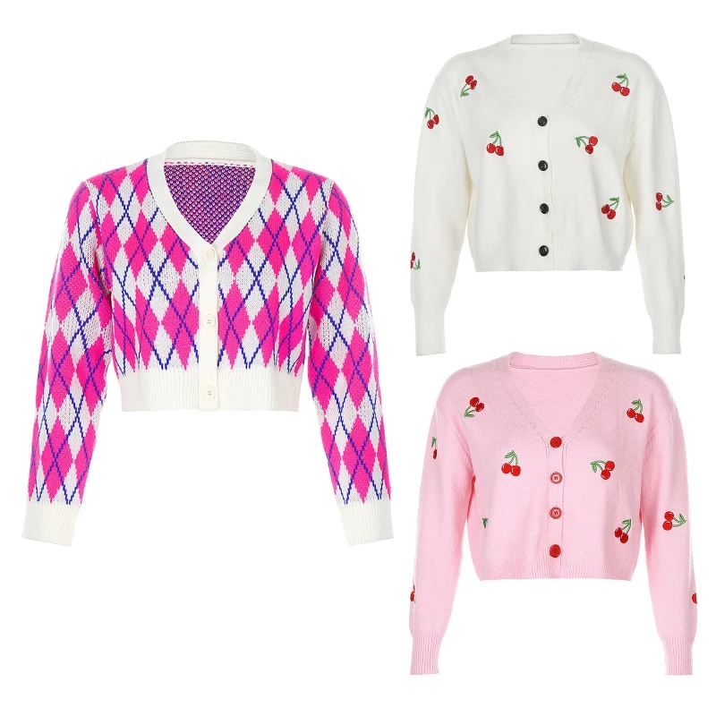 

Women Long Sleeve Button Cardigan Cherry Embroidery Plaid Knitted Crop Top Coat