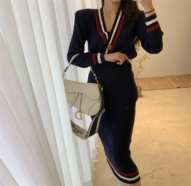 

CBAFU women knitted 2 piece ser spring autumn v neck cardigans sweater high waist skirt white blue knitted suit elastic M113