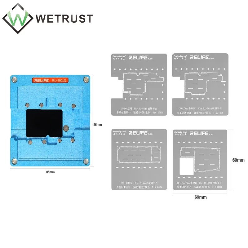 

RELIFE 6 In 1 Planting Tin Template Fixture For iPhone X XS XS Max 11 Pro Max Middle Frame Mother Board BGA Reballing Stencil