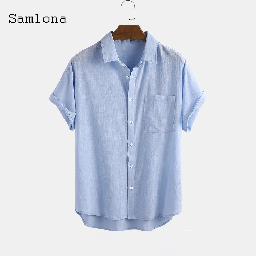 Samlona Latest Office Worker Shirt Pocket Linen Tops Sexy Men clothing 2021 Summer Casual Pullovers Blue Open Stitch Mens Blouse