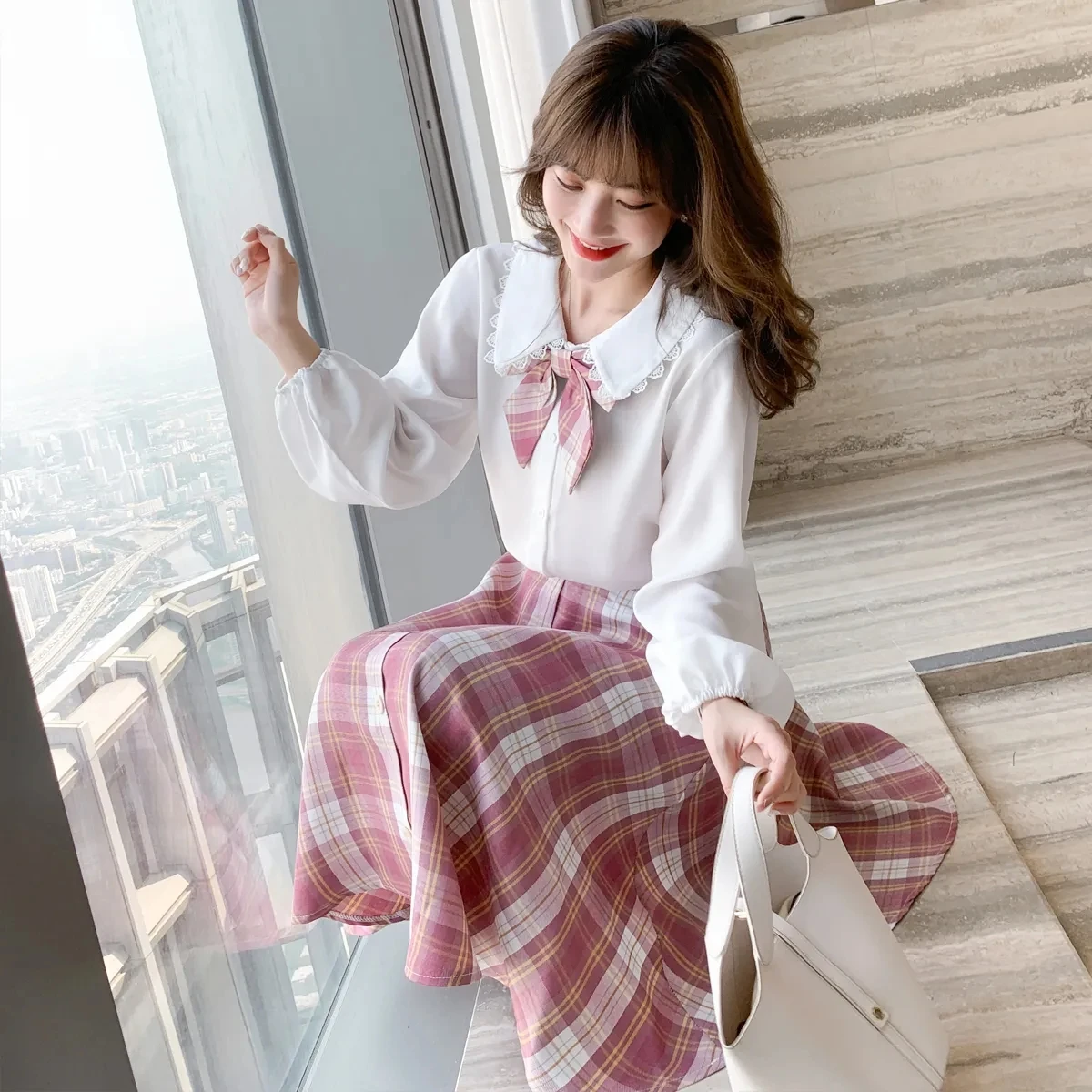 Японский костюм JK из двух предметов белая рубашка с коротким рукавом + клетчатая