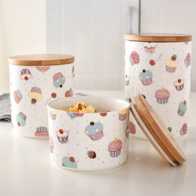 

Kitchen Food Storage Jars Ceramic Grain Bottle With Sealed Bamboo Lid Candy Coffee Bean Dried Fruit Cartoon Round Container