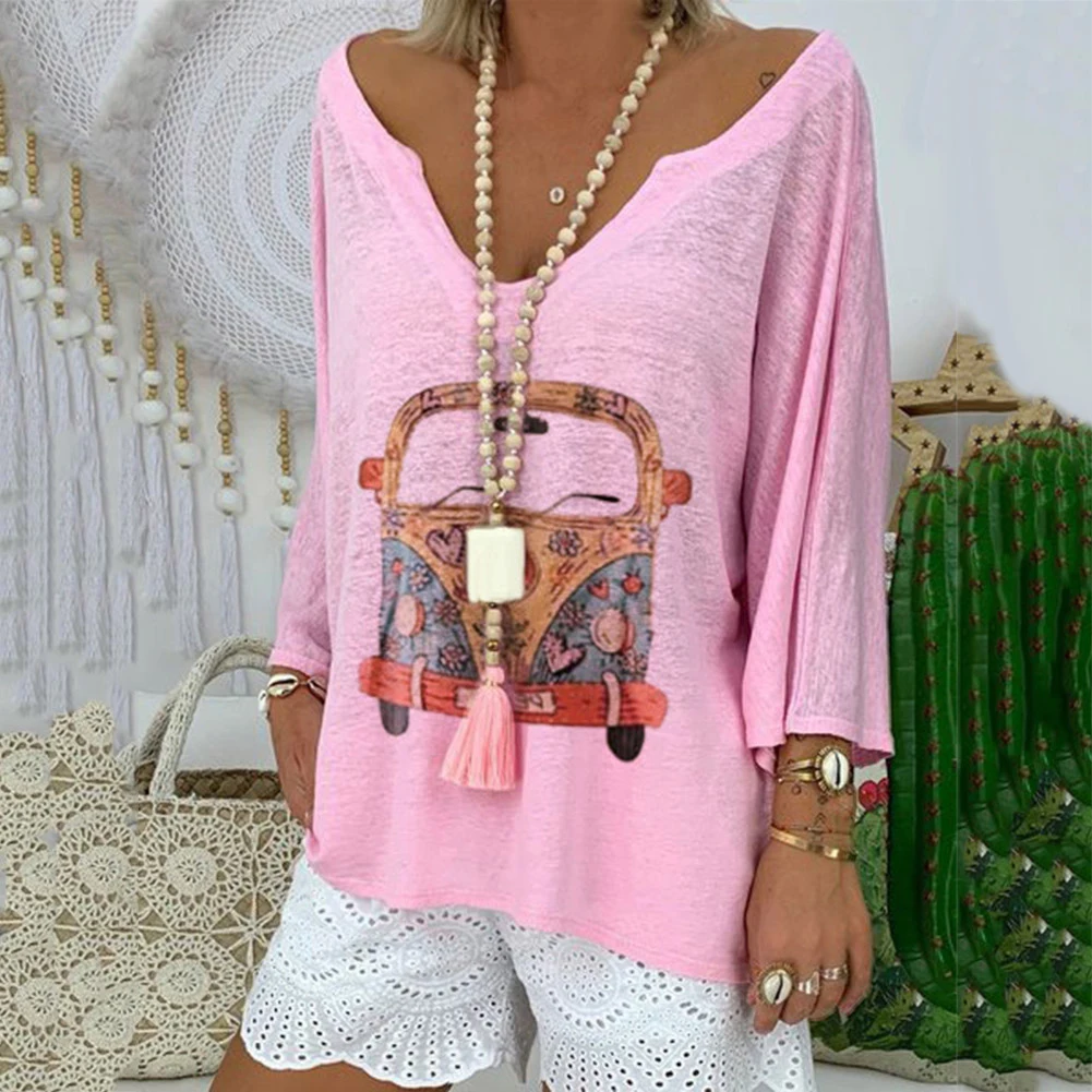 

Women Fashion Cartoon Car Print Long Sleeve Deep V Neck Blouse Shirt T-shirt