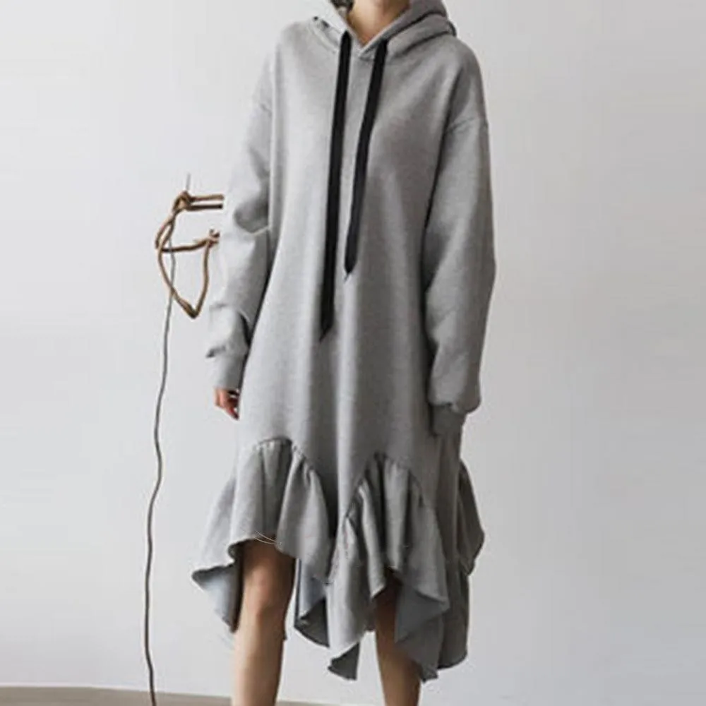 

Simple Stylish Irregular Hoodie Dress Women Korean Vestido Sweatshirts Long Sleeve Chic Ruffle Hooded Loose Midi Dresses