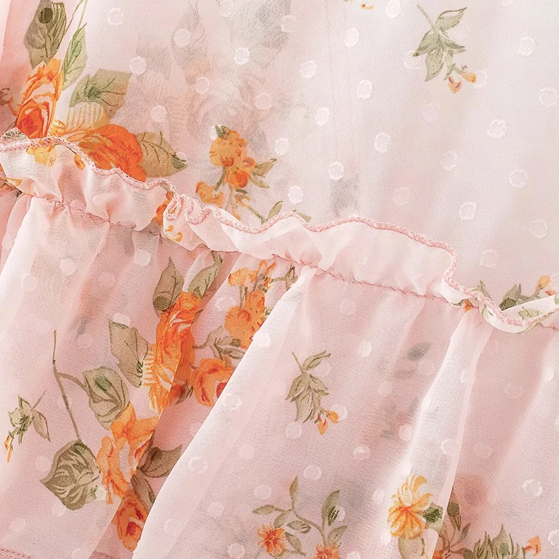 

Women Ruffled Floral Transparent Chiffon Blouse Thin Long Sleeve V-neck Chic Shirts Female Summer Top High Street Femme Vestiods