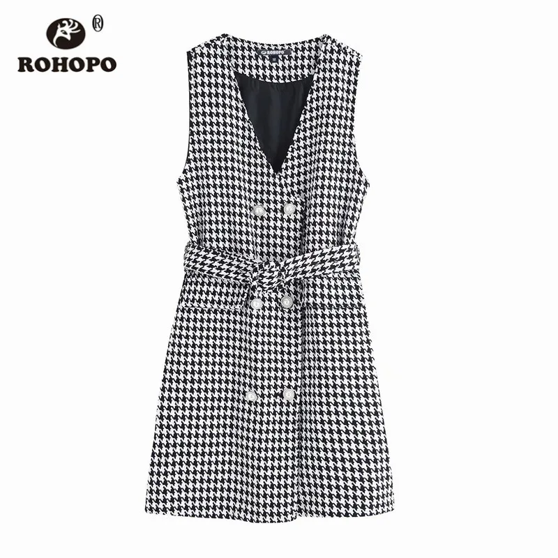 ROHOPO/твидовое платье без рукавов с узором гусиная лапка и двойной грудью