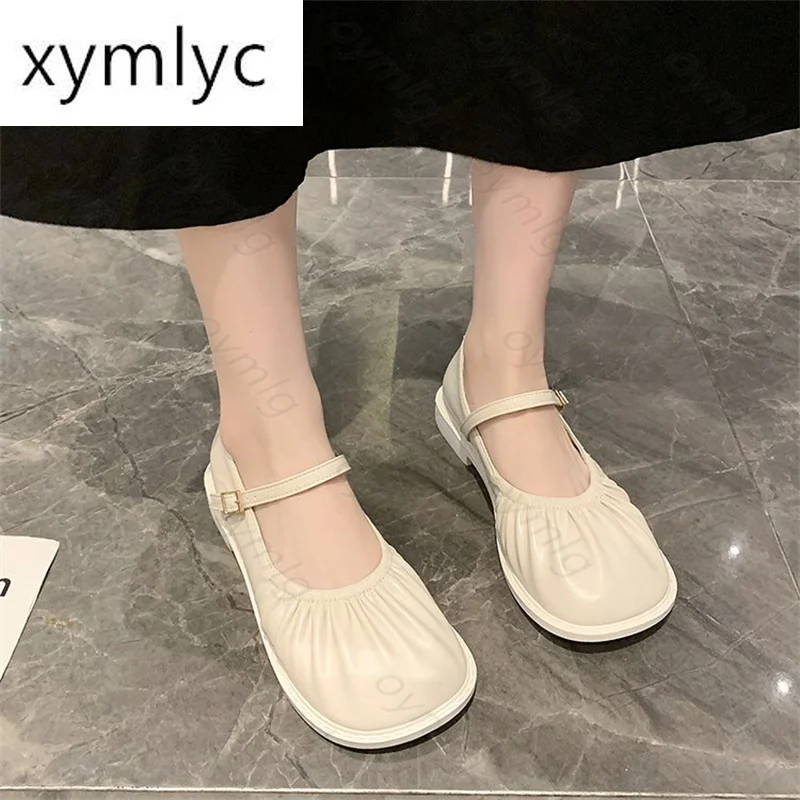

Flat single shoes female soft bottom 2021 spring autumn fairy folds breathable Mary Jane shoes grandma shoes a pedal peas shoes