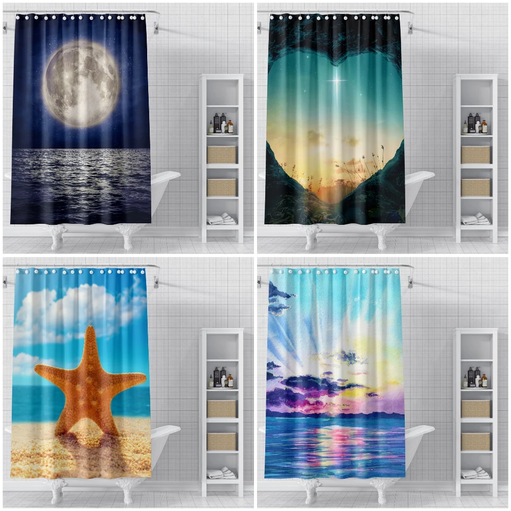 

Waterproof Conch Starfish Beach Printing Shower Curtains Natural Scenery Bath Curtains With Hooks Home Decoration