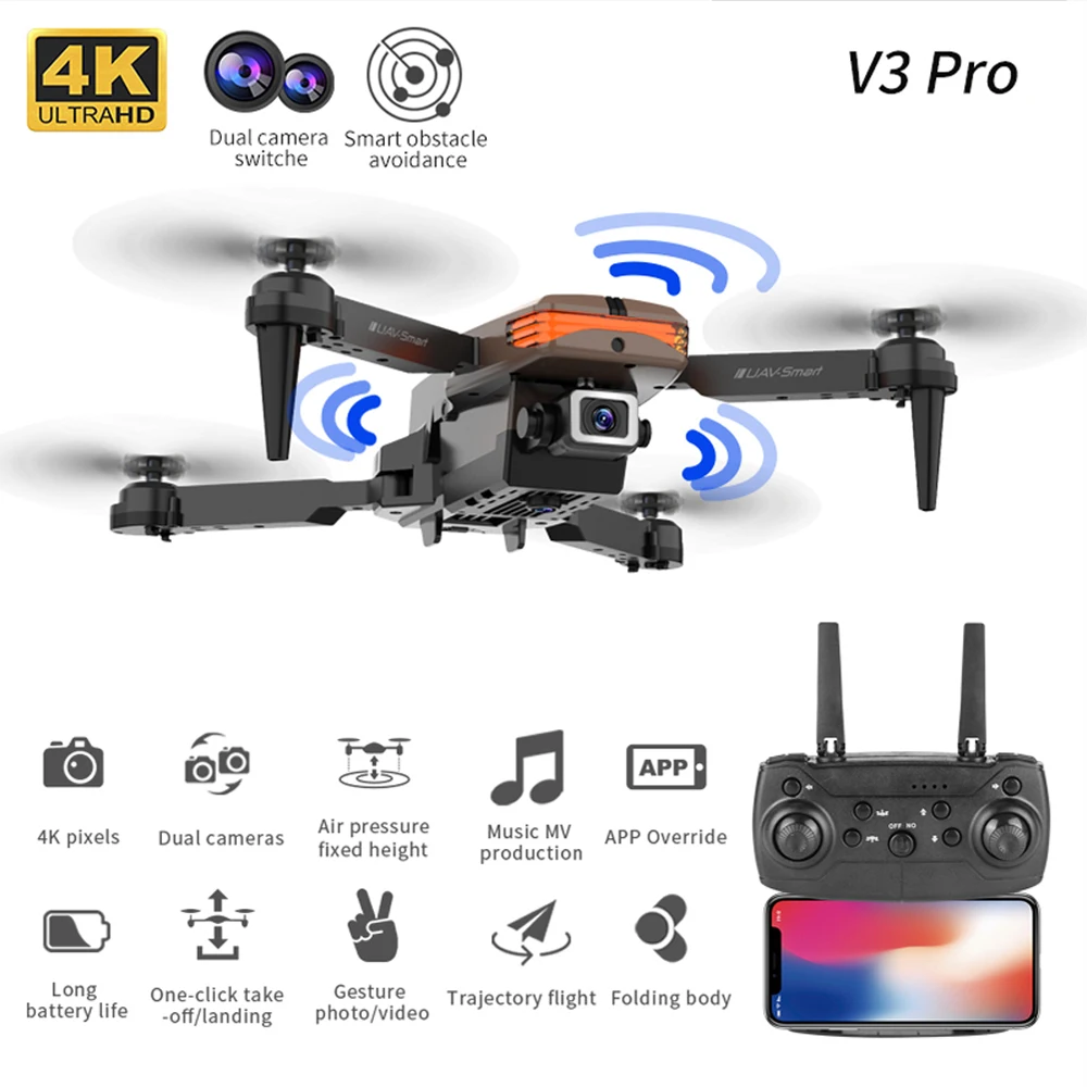 

NEW Gift V3 Pro Drone 4K HD Dual Camera WIFI FPV 3-sided Infrared Obstacle Avoidance Rc Quadcopter Dron Rc Helicopter Boy Toys