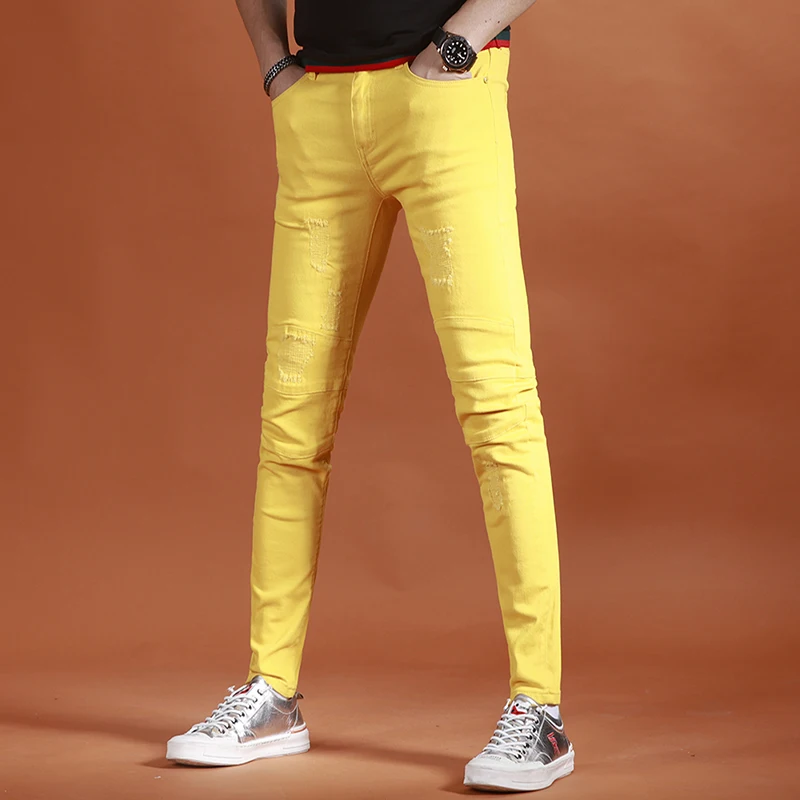 2023 New Yellow Jeans Men Fashion Slim Fit Straight Pants Summer Streetwear Thin Ripped Patch Denim Trousers