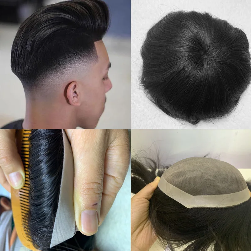 7*9 Toupee For Men Natural Black Color Mono Lace Brazilian Remy Hair Mens Toupee Hairpiece System Wig Hair Replacement For Men