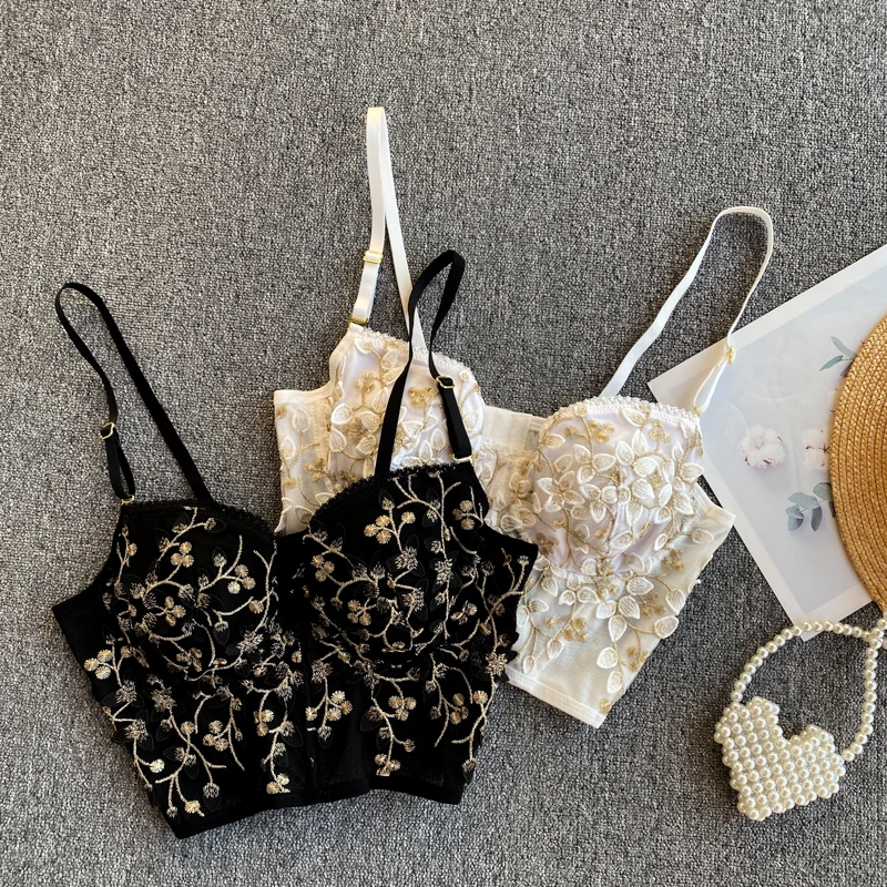 

Pinkou Women Chic Floral Embroidery Camis Short Style Adjustable Straps V Neck White Black Blue Shirt Sexy Casual Crop Tops WA22