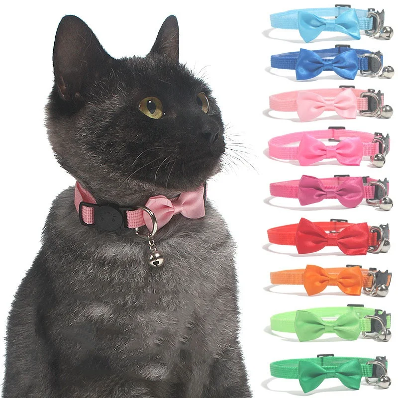 

Pet Cat Collar Colorful With Bell Adjustable Buckle Necklace Solid Color Bowknot Collars Pet Supplies Cat Accessories
