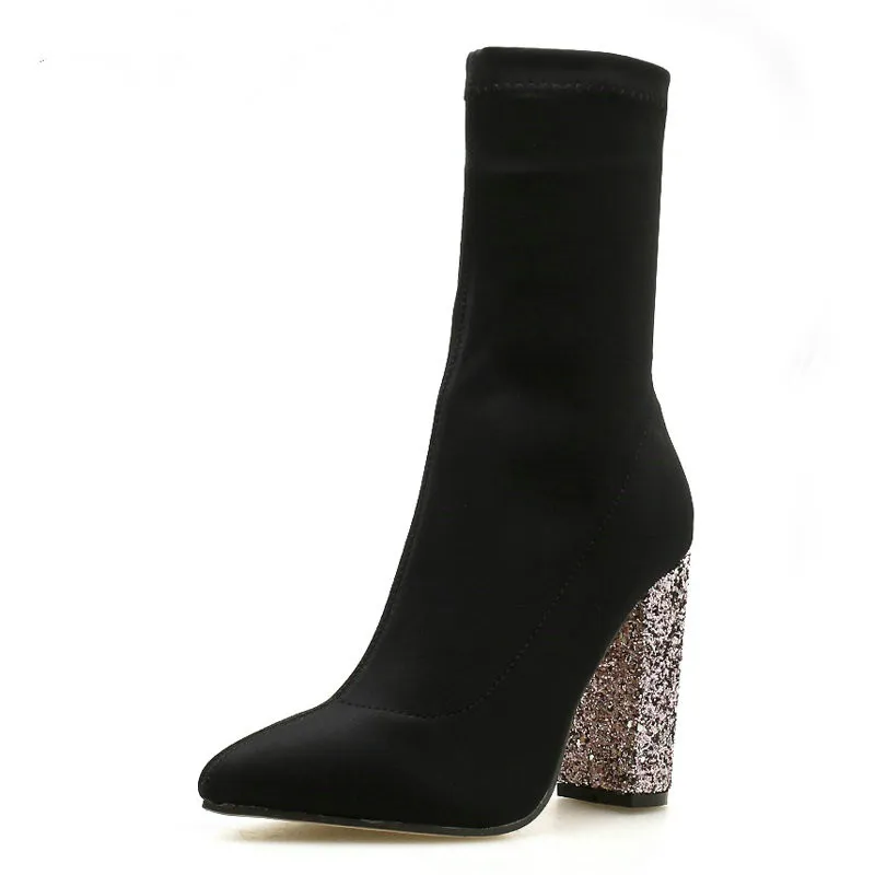 Женские ботильоны из эластичной ткани с острым носком и блестками короткие