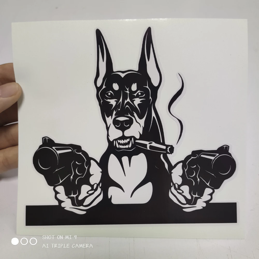 

Three Ratels BB106 Funny Doberman Dog With Gun Cute Animal Cartoon Sticker On Car Home Decoration Decal For Kids