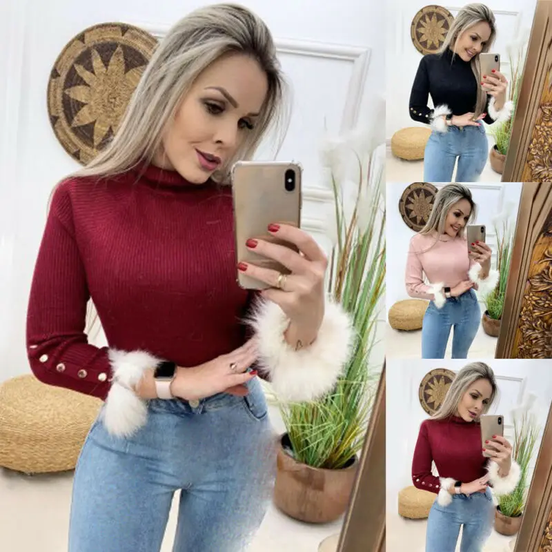 Модный женский зимний теплый вязаный свитер с длинным рукавом пуловер