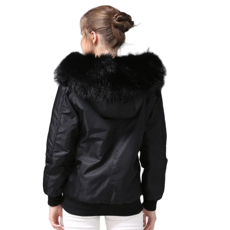 Black Bomber Jacket With Faux Fur Lined Raccoon Hoodies Mrs Flight Short | Женская одежда