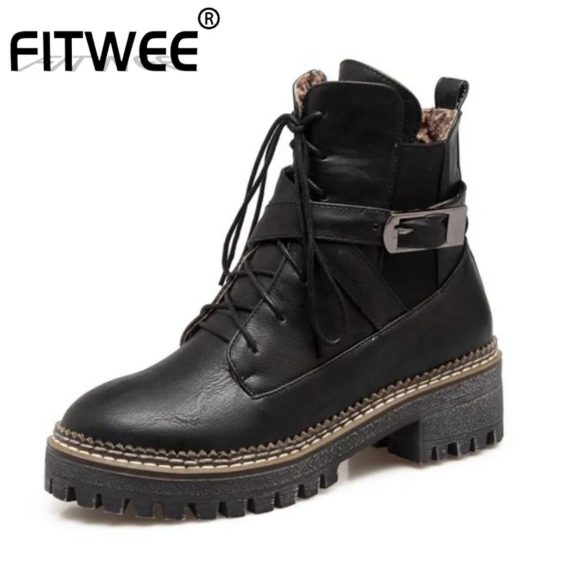 FITWEE Размеры Большие размеры 33 43 Зимние женские ботильоны Классический круглый