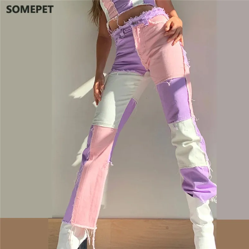 

Autumn Patchwork High Waist Straight Denim Pants Women Casual Skinny Ripped Jeans Capris Pocket Long Trousers Ladies Streetwear