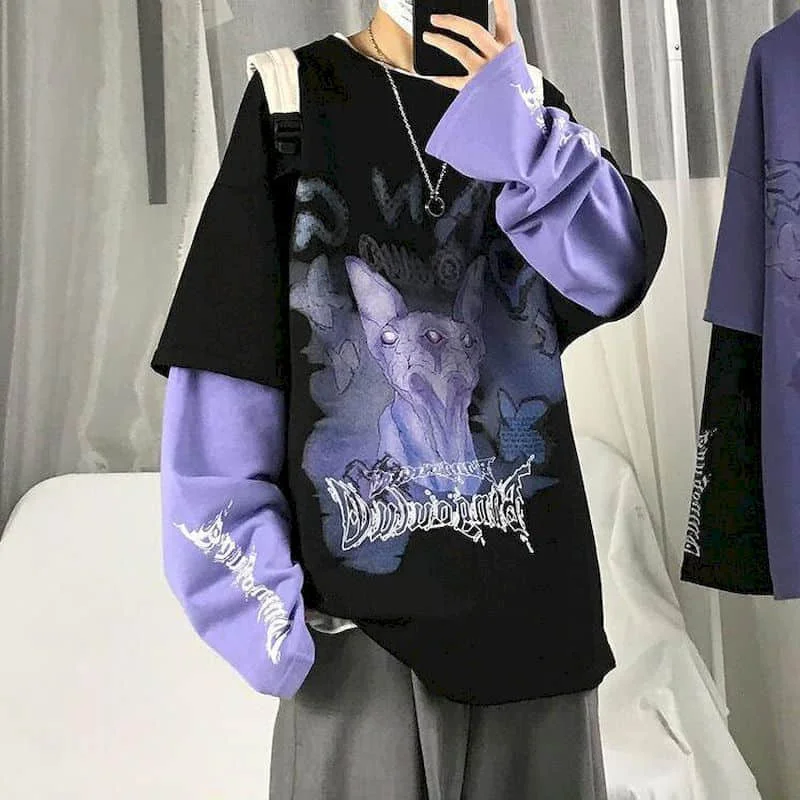 Autumn High Street Diablo Long-sleeved Men's Fake Two-piece T-shirt Male Students Korean Loose Clothes Trendy Clothing | Мужская