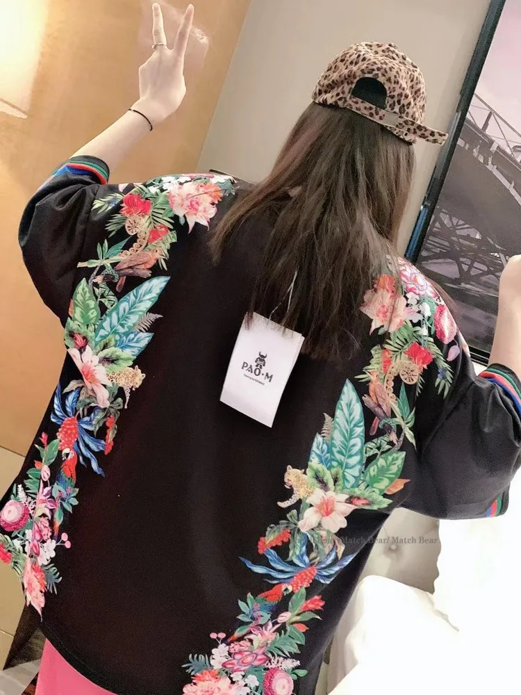Vefadisa Black White Floral Print Women T shirt 2022 Summer Beading Decoration T-shirt Letter Short Sleeve QYF5170 | Женская одежда