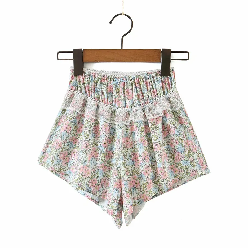 

Merodi Chic Lady Fashion Patchwork Around Lace Floral Print Summer Shorts Women Cute Bow Elastic High Waist Chiffon Short Pants