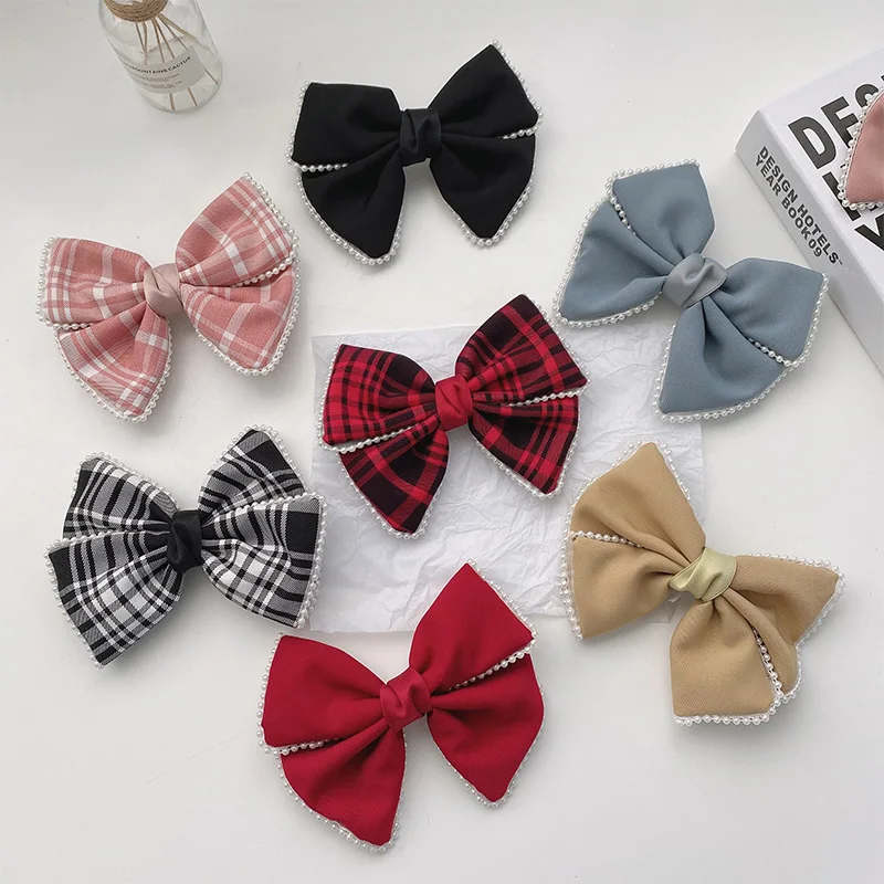 

New Children Cute Colors Plaid Pearl Double Knot Bow Ornament Hair Clips Girls Lovekly Barrettes Hairpins Kids Hair Accessories