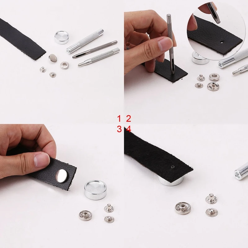 Металлические кнопки + набор инструментов для кожи 25 шт серебро бронза 15