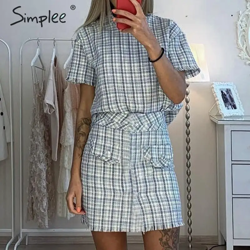 Simplee элегантное женское платье в клетку, два предмета, круглый вырез, короткий рукав, весеннее платье, костюм для девушек, tessals, рабочая одежда, офисное мини-платье