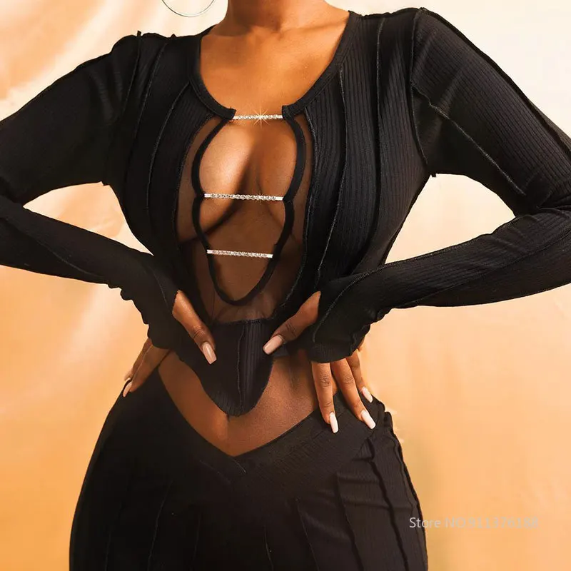 

AjocKnitting Hollow Out Elegant Two Piece Sets Long Sleeve Patchwork Mesh Blouse+Pants Matching Set Casual Longe Wear Female