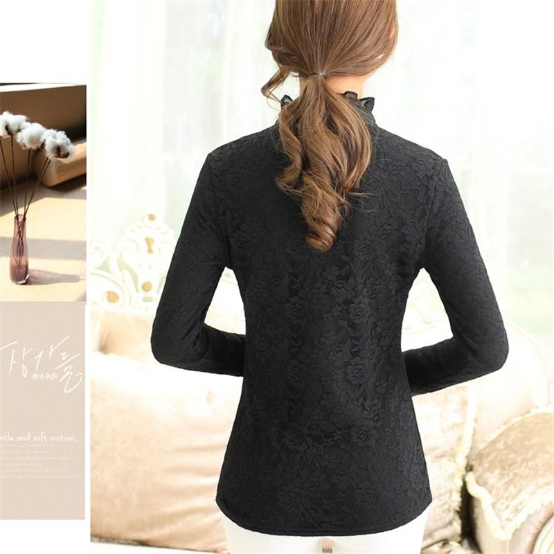 

Women Autumn winter plus velvet thick Full Puff Sleeve Slim Tmandarin Collar Lace Hedging Slim Handwork Beaded Sweaters
