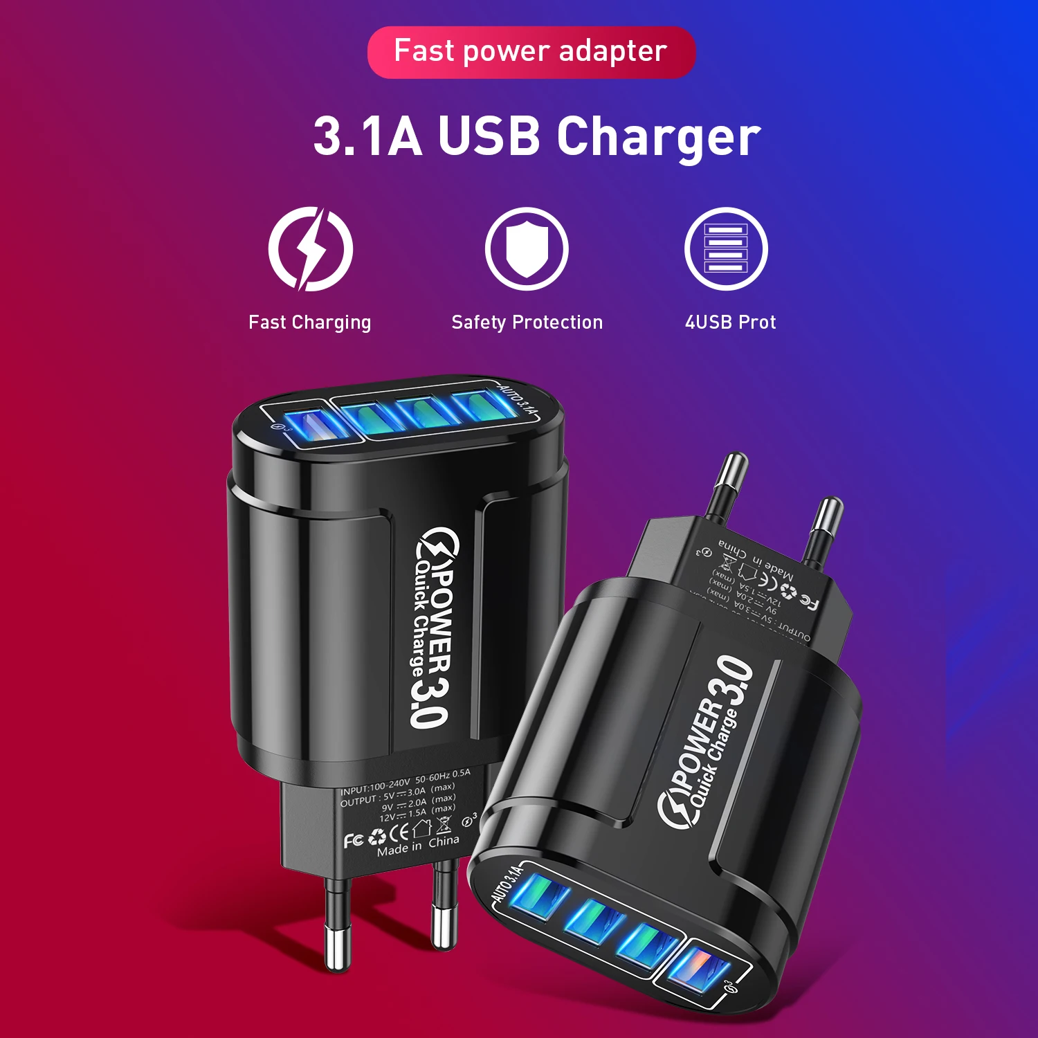 

EU/US Plug USB Charger 3A Quik Mobile Phone Charger For iPhone 11 Samsung Xiaomi 4 Port 48W Fast Wall ChargerWith blue light