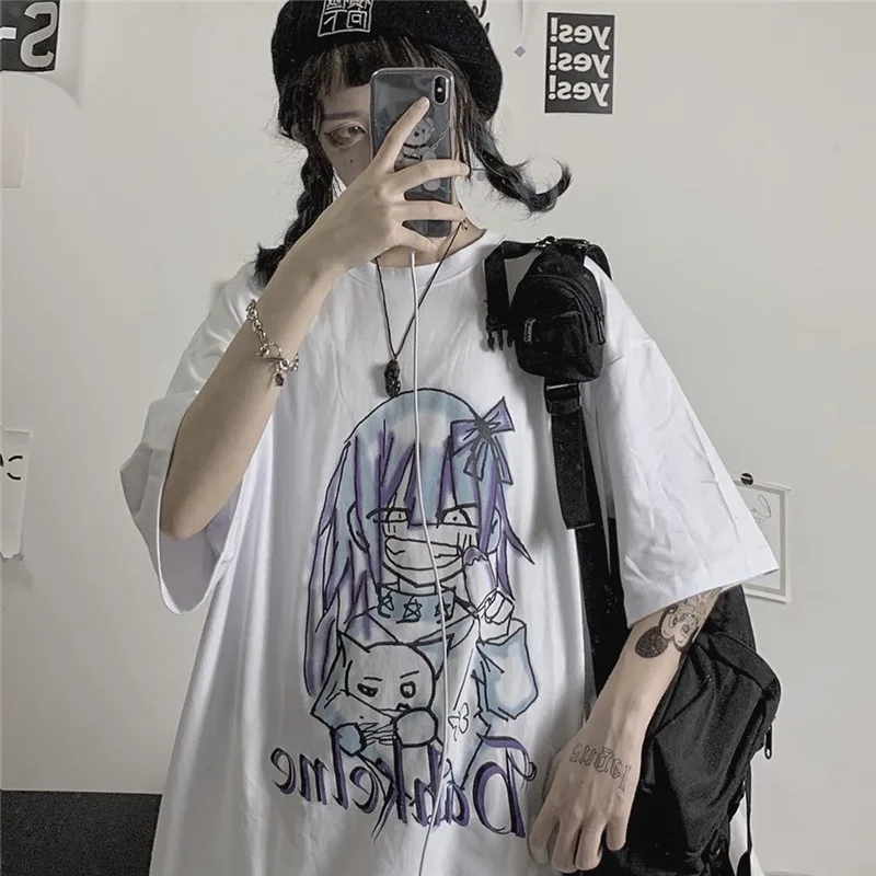 

Women Harajuku Cartoon T-shirt Streetwear Summer Kwaii Loose Tshirts Casual Tops Funny Gothic Reflective Tshirt Streetwear