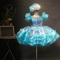 luxury blue flower girl dress glitter sequined crystals princess pageant gown infant girl first birthday dress photoshoot