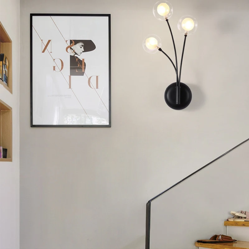 

Nordic magic bean wall lamp long wrought iron glass shade wall lamp simple bedroom bedside study hotel room stair wall light