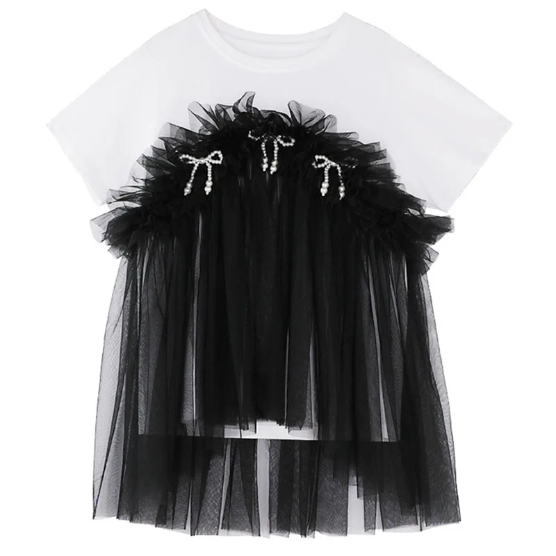 

Fake Two Piece Women White Patchwork Gauze T-shirt New Round Neck Short Sleeve Slim Fit Fashion Tide Summer 2021 C968