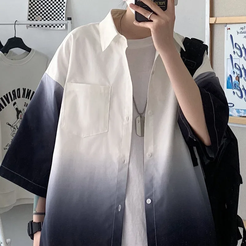 Summer Short-sleeved Shirt Men's Fashion Retro Gradient Shirt Men Streetwear Korean Loose Casual Shirts Mens Dress Shirt M-3XL
