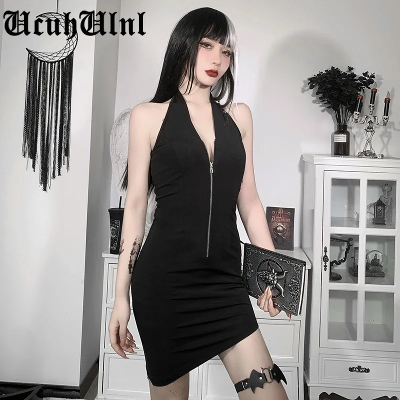 

Harajuku Sexy Halter Black Dresses Goth Punk Bodycon Zipper Mini Dress Party Club Wear Backless Summer Dress For Women