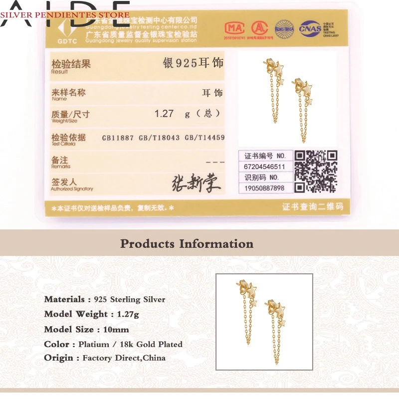 

AIDE 925 Sterling Silver Long Tassel Chain Stud Earrings For Women INS Geometric Star Earrings Trendy Jewelry 2020 Wholesale