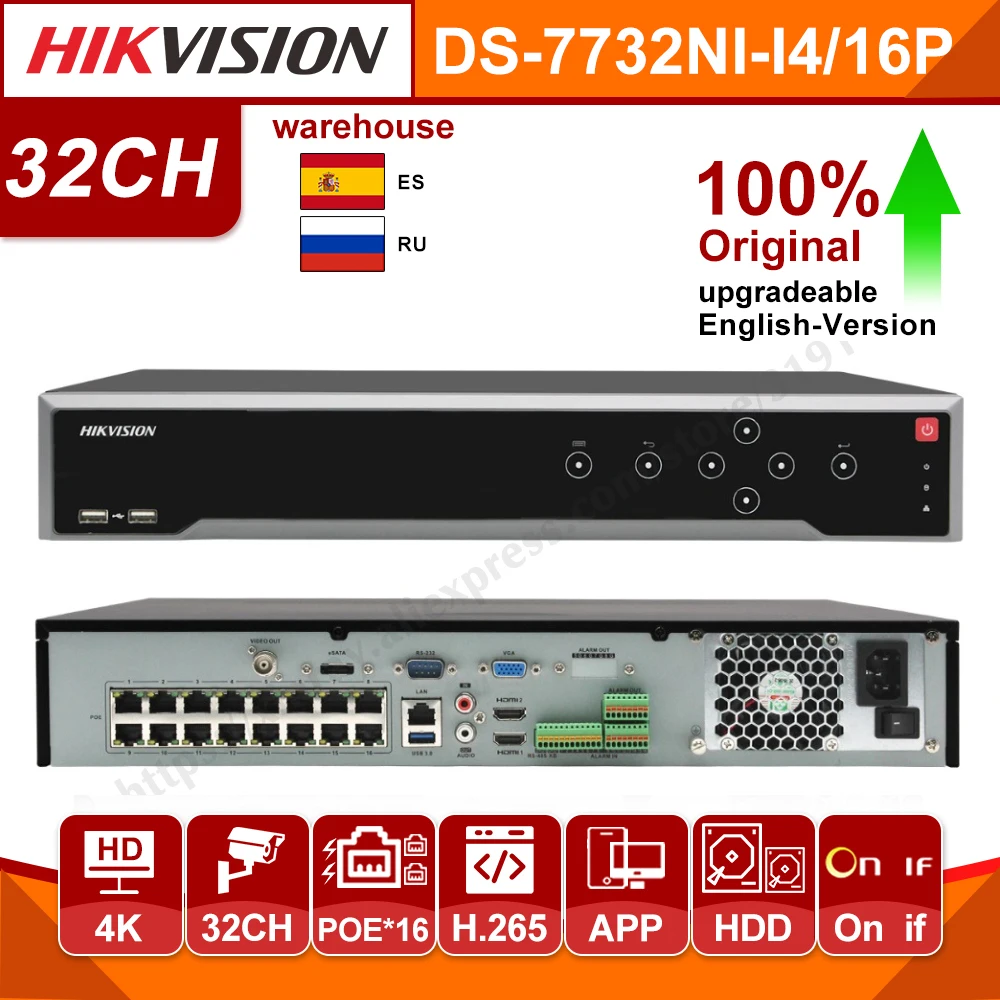 

Hikvision Original 32CH 4K NVR POE DS-7732NI-I4/16P 16CH H.265 12mp POE NVR for IP Camera Support Two Way Audio HIK-CONNECT