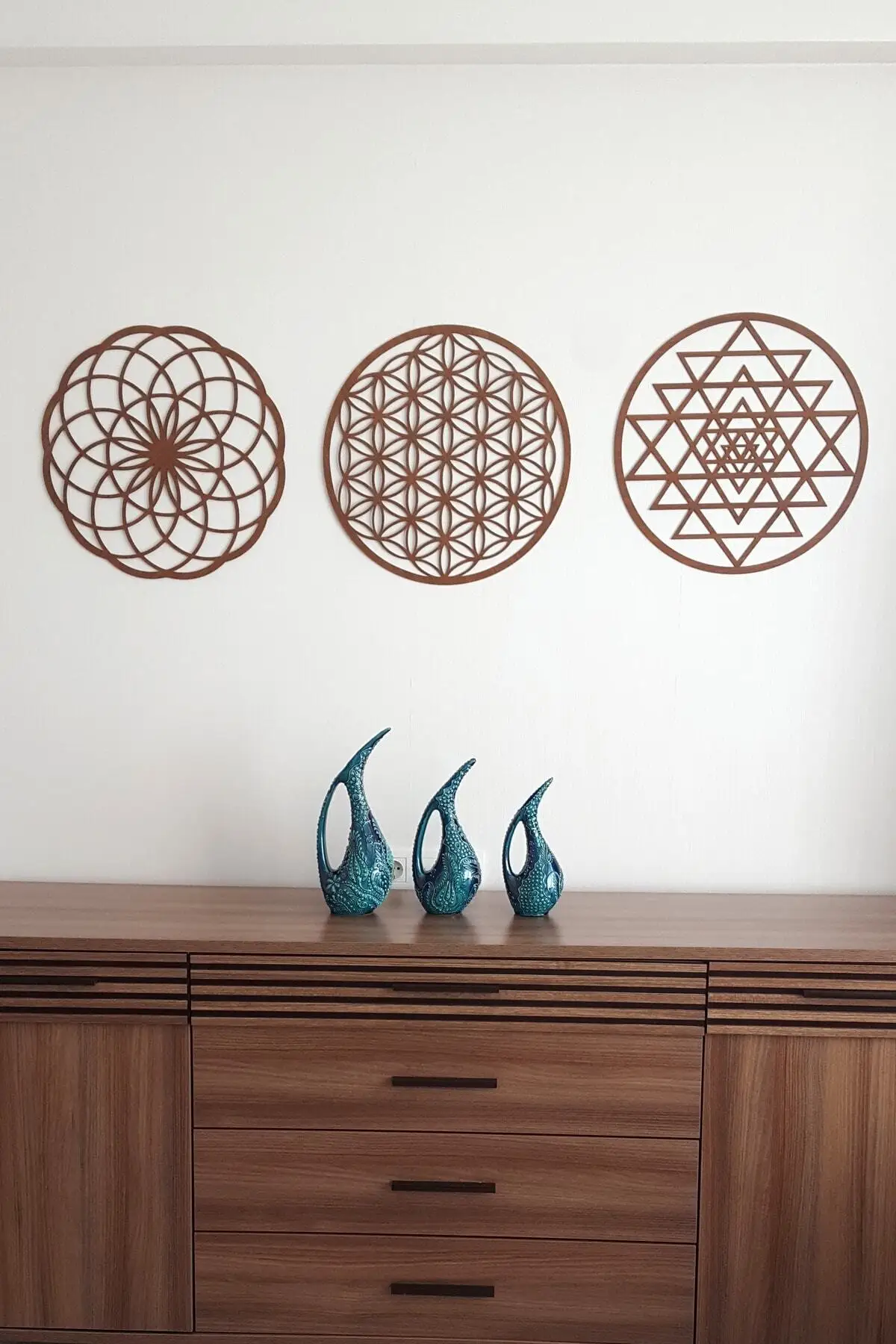 

3 Prc Flower of Life Sri Yantra And Torus Set of 3 Brown Wall Painting