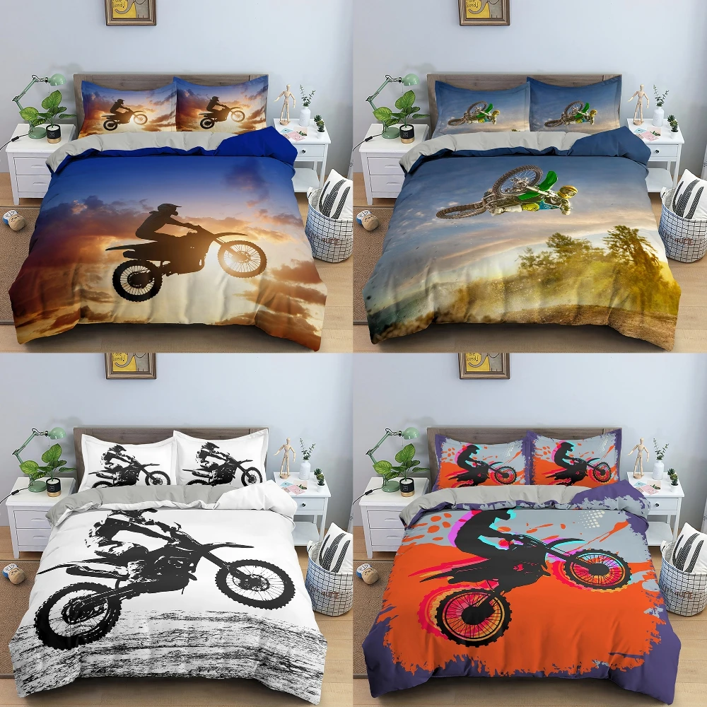

Dirt Bike Motorcycle Duvet Cover Set Extreme Sport Car Theme Bedding Set Comforter Cover with 1/2 Pillowcase Queen King Size