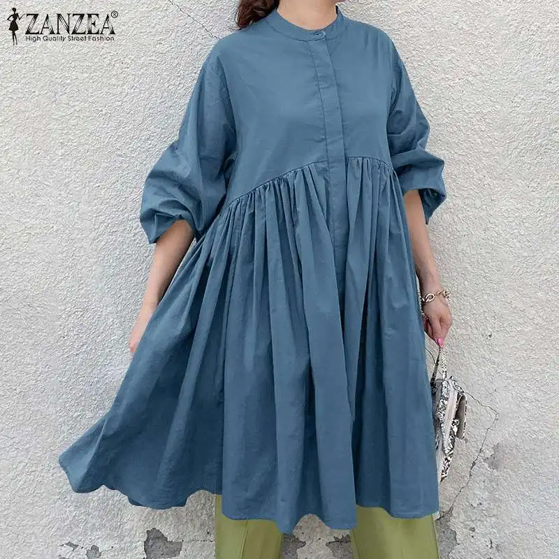 

ZANZEA Vintage Holiday Beach Chemise Autumn Long Puff Sleeve Pleated Blouse Female Solid Blusas Women Elegant Loose Ruffle Shirt
