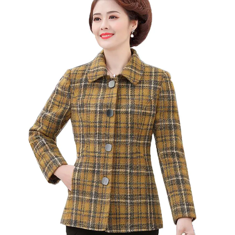

Blended Wool Coat New 2020 Spring Women's Coat Jacket Short Thin Section Woolen Outerwear Tops Ladies Elegant Plaid Coats 4XL
