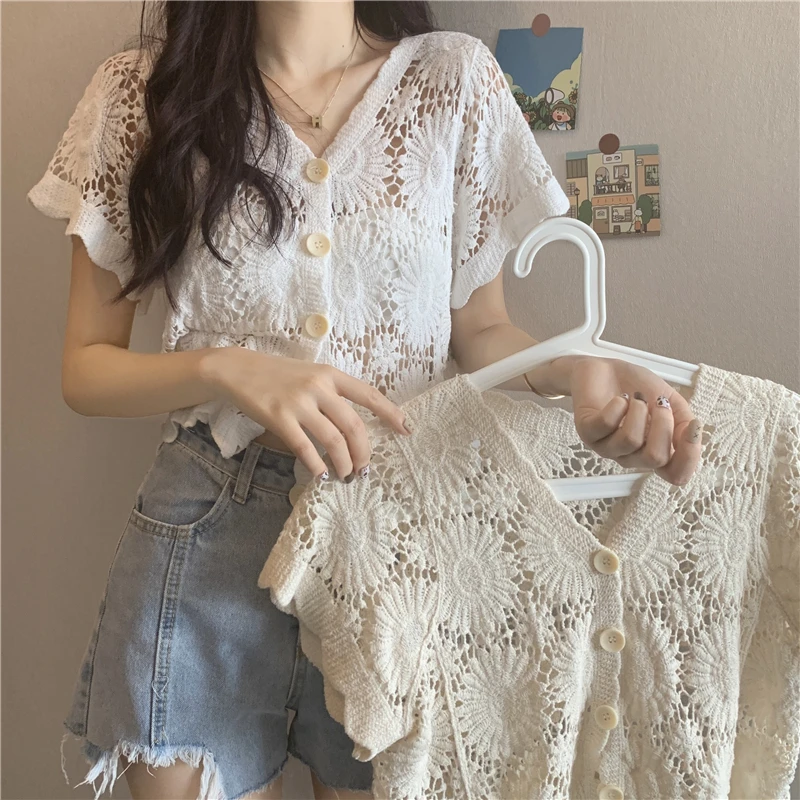 Summer Hollow Out Lace Petal Sleeve Flower Stand Collar Hollow Out Flower Patchwork Shirt Women Blouse Chic Button White Tops