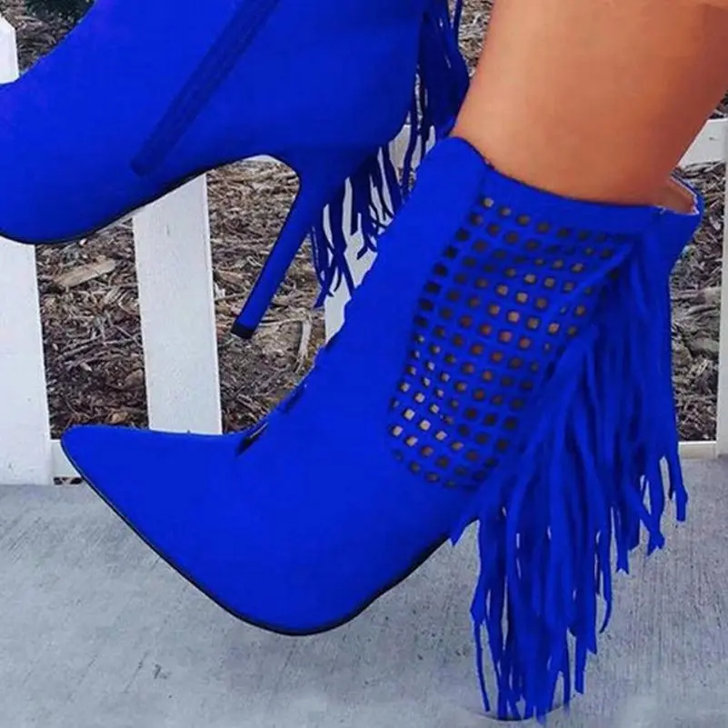 

Новое поступление синий замша кожа молния острым носом высокие каблуки пинетки кисти оформлен вырезы лодыжки модные ботинки женщин