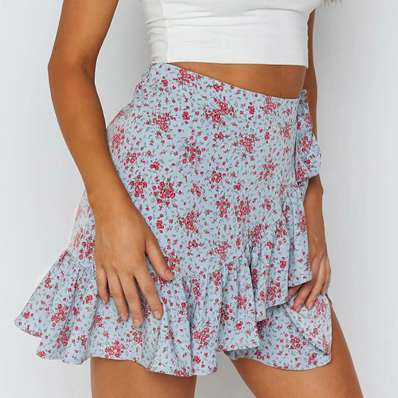 

Женская короткая плиссированная юбка, Повседневная трапециевидная юбка с принтом и оборками, лето 2021